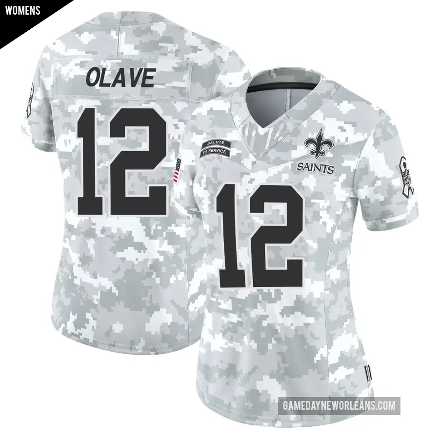 Women's New Orleans Saints ＃12 Chris Olave Arctic Camo Limited 2024 Salute to Service Jersey