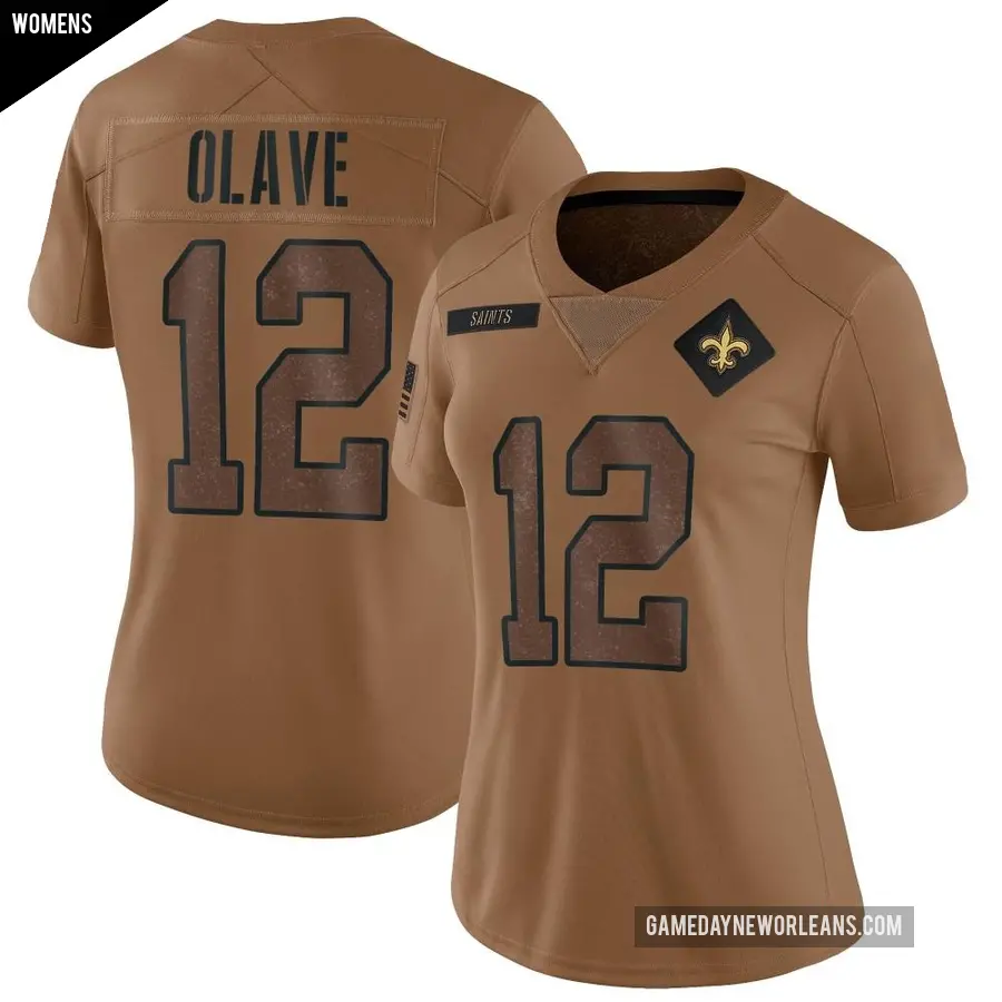 Women's New Orleans Saints ＃12 Chris Olave Brown Limited 2023 Salute To Service Jersey