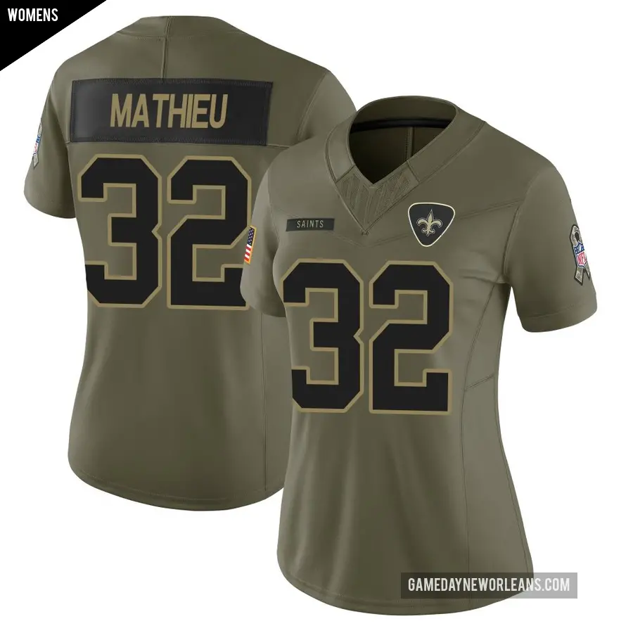 Women's New Orleans Saints ＃32 Tyrann Mathieu Olive Limited 2025 Salute to Service Jersey