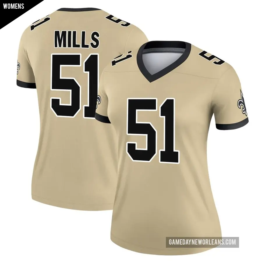 Women's New Orleans Saints ＃51 Sam Mills Gold Game Legend day s Alternate Performance Jersey