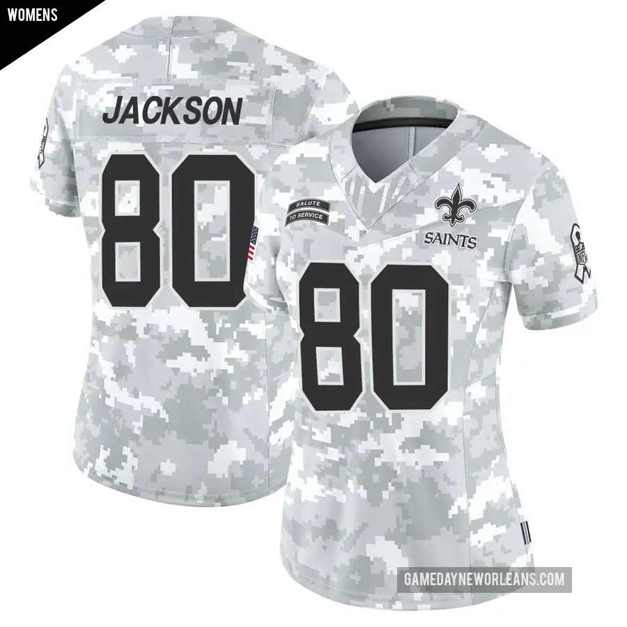 Women's New Orleans Saints ＃80 Jermaine Jackson Arctic Camo Limited 2024 Salute to Service Jersey