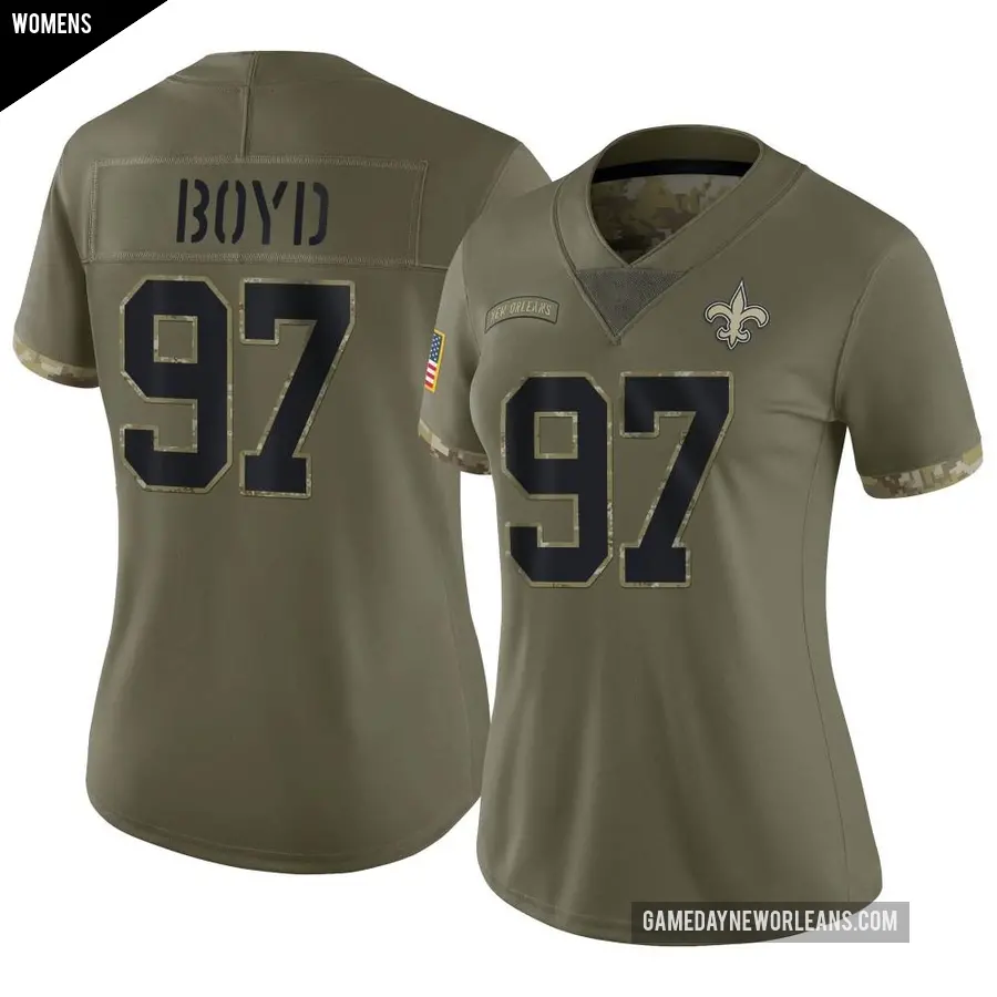 Women's New Orleans Saints ＃97 Khristian Boyd Olive Limited 2022 Salute To Service Jersey