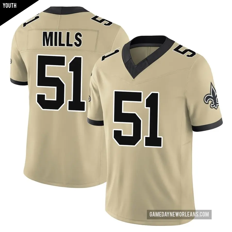 Youth New Orleans Saints ＃51 Sam Mills Gold Limited Alternate Gameday s Alternate Vapor F.U.S.E. Jersey