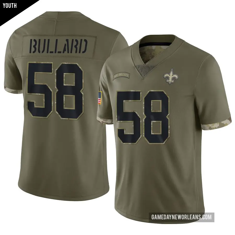 Youth New Orleans Saints ＃58 Jonathan Bullard Olive Limited 2022 Salute To Service Jersey