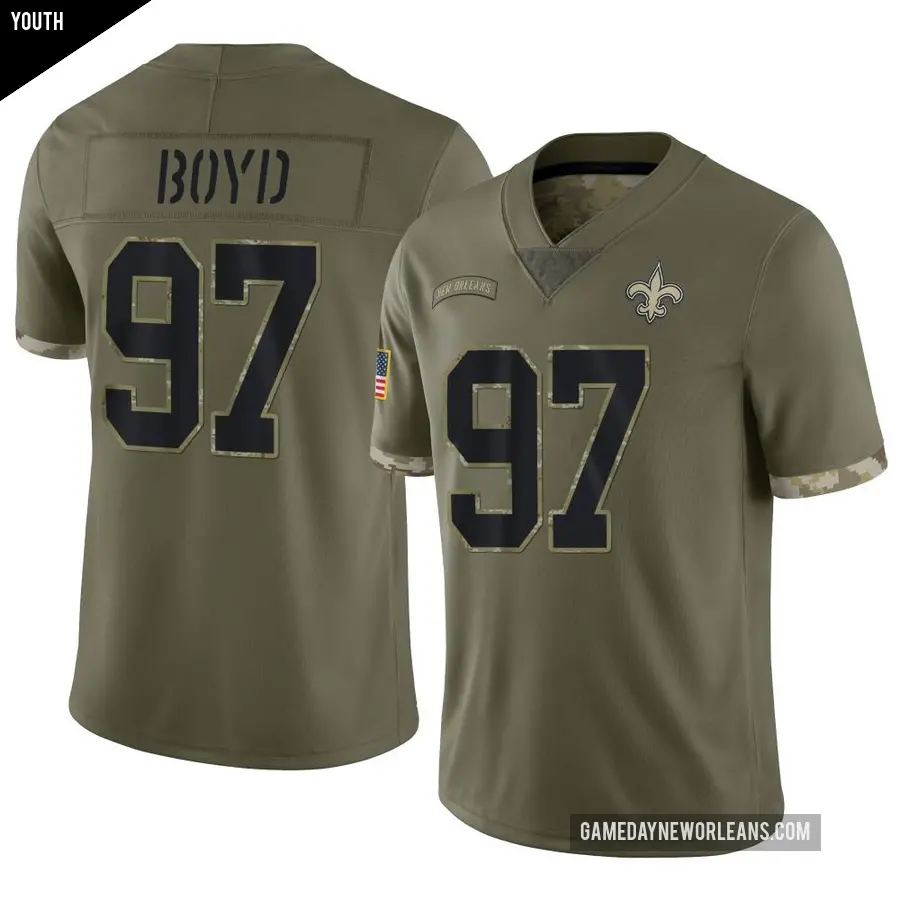 Youth New Orleans Saints ＃97 Khristian Boyd Olive Limited 2022 Salute To Service Jersey